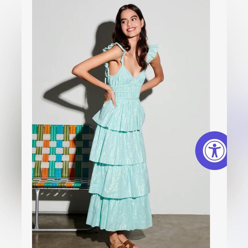 Saylor Myrtle Tiered Ruffle Midi Dress in Aqua/Mint with Metallic Thread